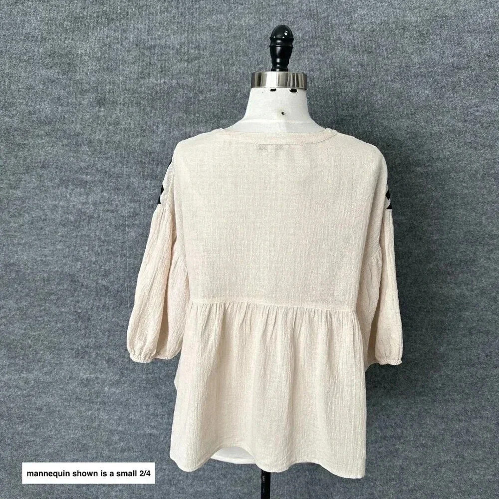 See And Be Seen Top Womens Small Cream Black Gauzy Geometric Peasant Boho Blouse - Picture 2 of 16